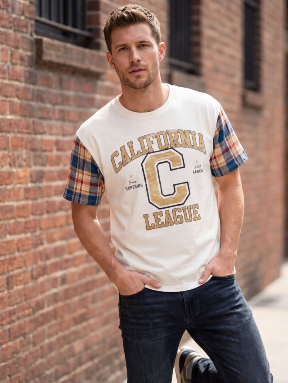 Mens Graphic T-Shirt Small Collegiate Short Sleeve Crew Neck Check Sleeve